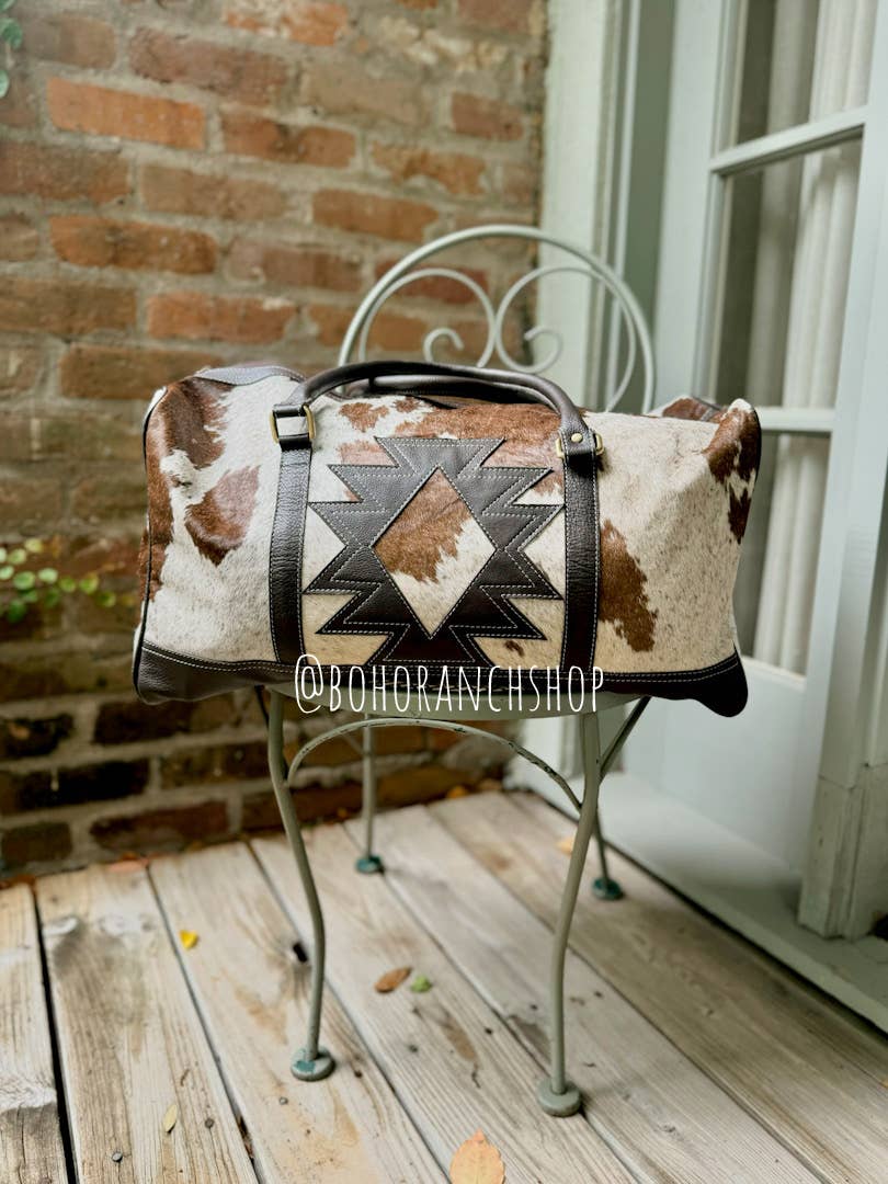 Boho Ranch Shop - Wholesale Weekender Bag - Women's - AZTEC TRAVEL DUFFLE leather hair on cowhide travel bag5