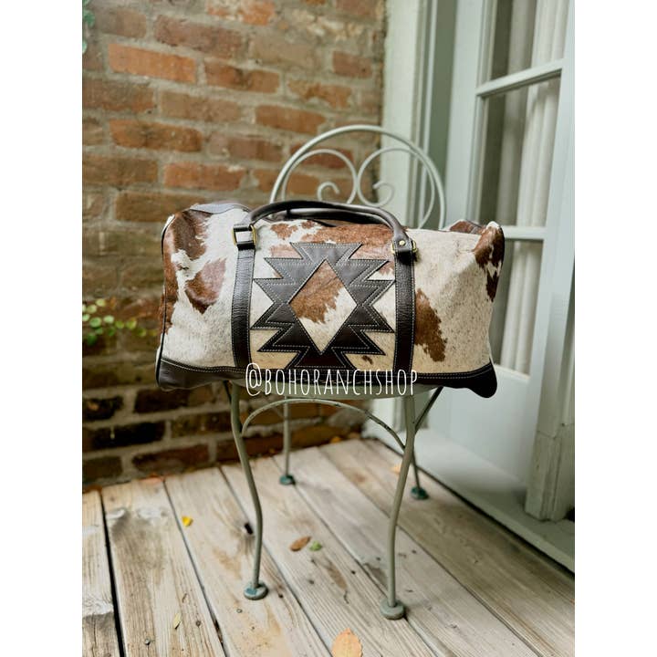 Boho Ranch Shop - Wholesale Weekender Bag - Women's - AZTEC TRAVEL DUFFLE leather hair on cowhide travel bag5
