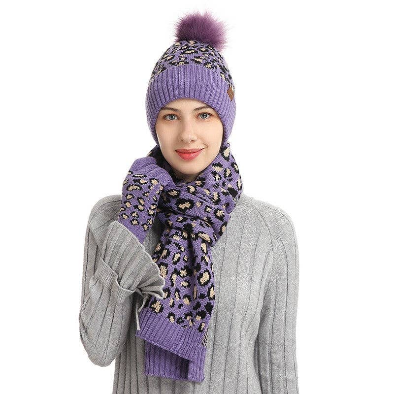 ShieldChic - Wholesale Winter Accessory Set - Women's - Leopard Print Warm Wool Hat Scarf Gloves Three-Piece Set0
