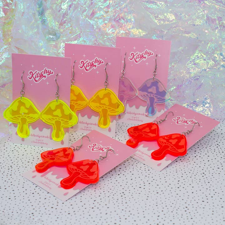 Cyber Mushroom Earrings Fluorescent Laser Cut Acrylic | Made in Scotland for wholesale by Kitschy
