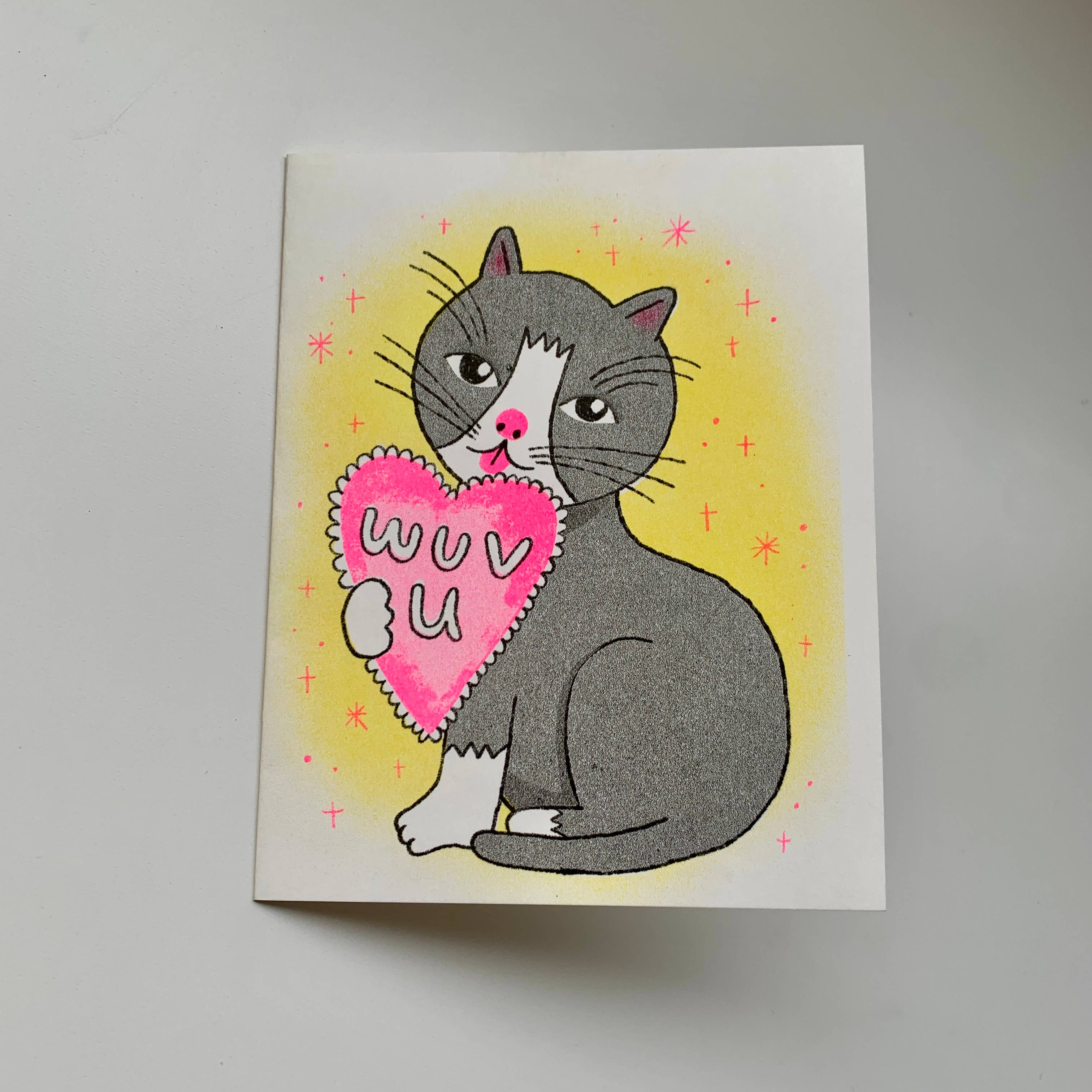Lili Todd Art - Wholesale Friendship Card - Wuv You Kitty Risograph Greeting Card – Valentine’s Day Cat 2