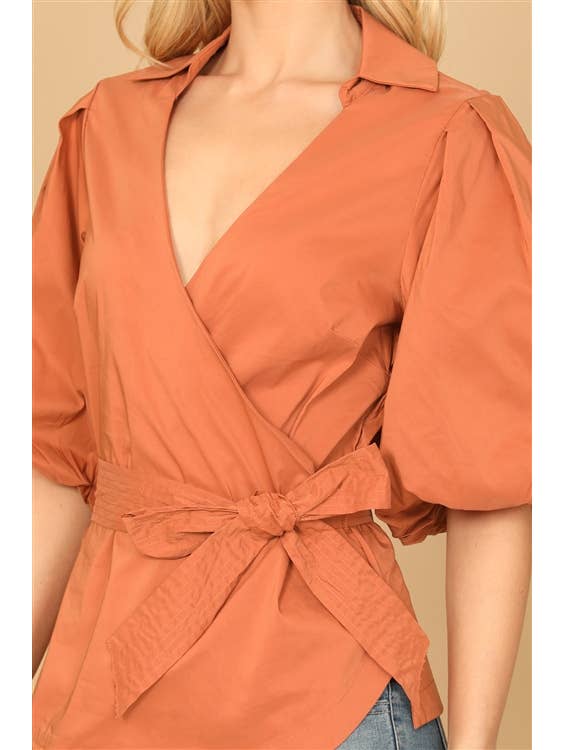 Terra Puff Sleeve Surplice Waist Tie Solid Top for wholesale on Faire4