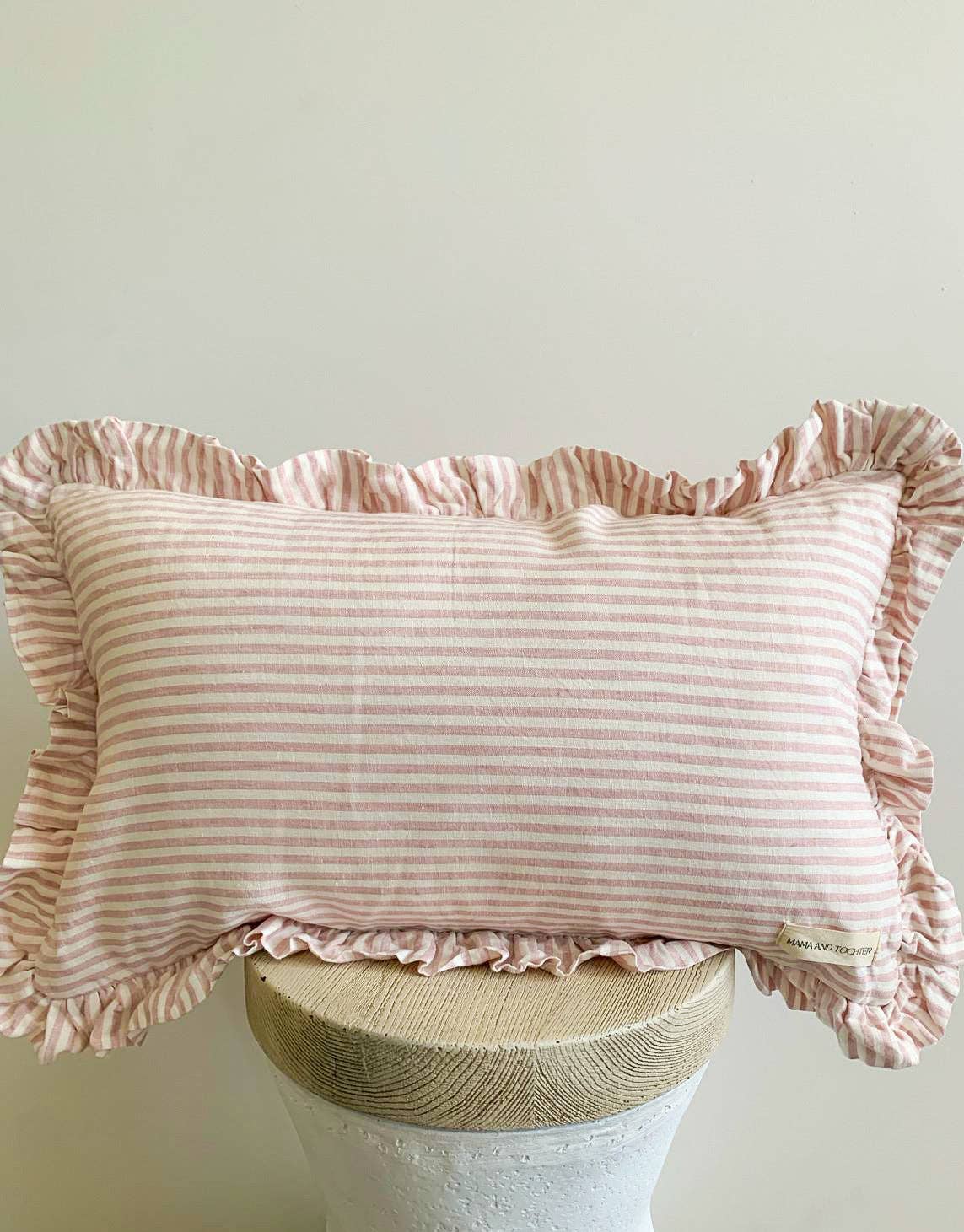 Mama and Tochter - Wholesale Lumbar Pillow - Pure French Linen Ruffle Lumbar - Pink Pinstripes