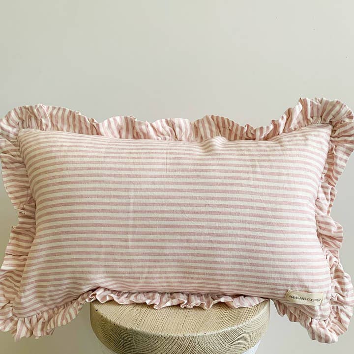 Mama and Tochter - Wholesale Lumbar Pillow - Pure French Linen Ruffle Lumbar - Pink Pinstripes