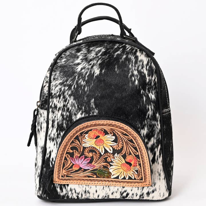 LS Western - Wholesale Backpack - Women's - ADBGS156 Genuine Cowhide Leather Backpack with Hand-Tooled Floral Patch - Western Rodeo Style7