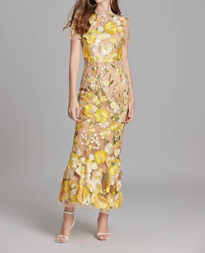 Productseeker - Wholesale Formele jurk - Dames - DR0270Y elegante avondjurk met bloemen in mesh en visstaart1