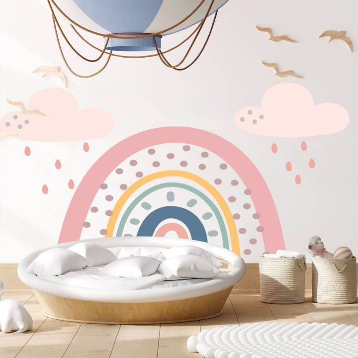 Lunares Arcoíris bajo Nubes Rosadas Lluviosas Vinilo Decorativo de Pared para venta al por mayor de WallKoala
