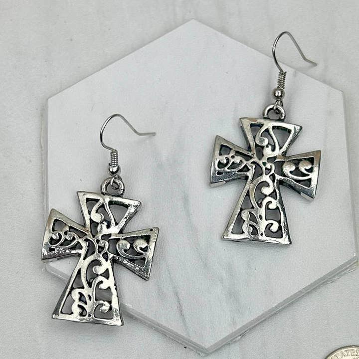 Silver Metal Cross Dangle Earrings for wholesale by Western Elite Jewelry