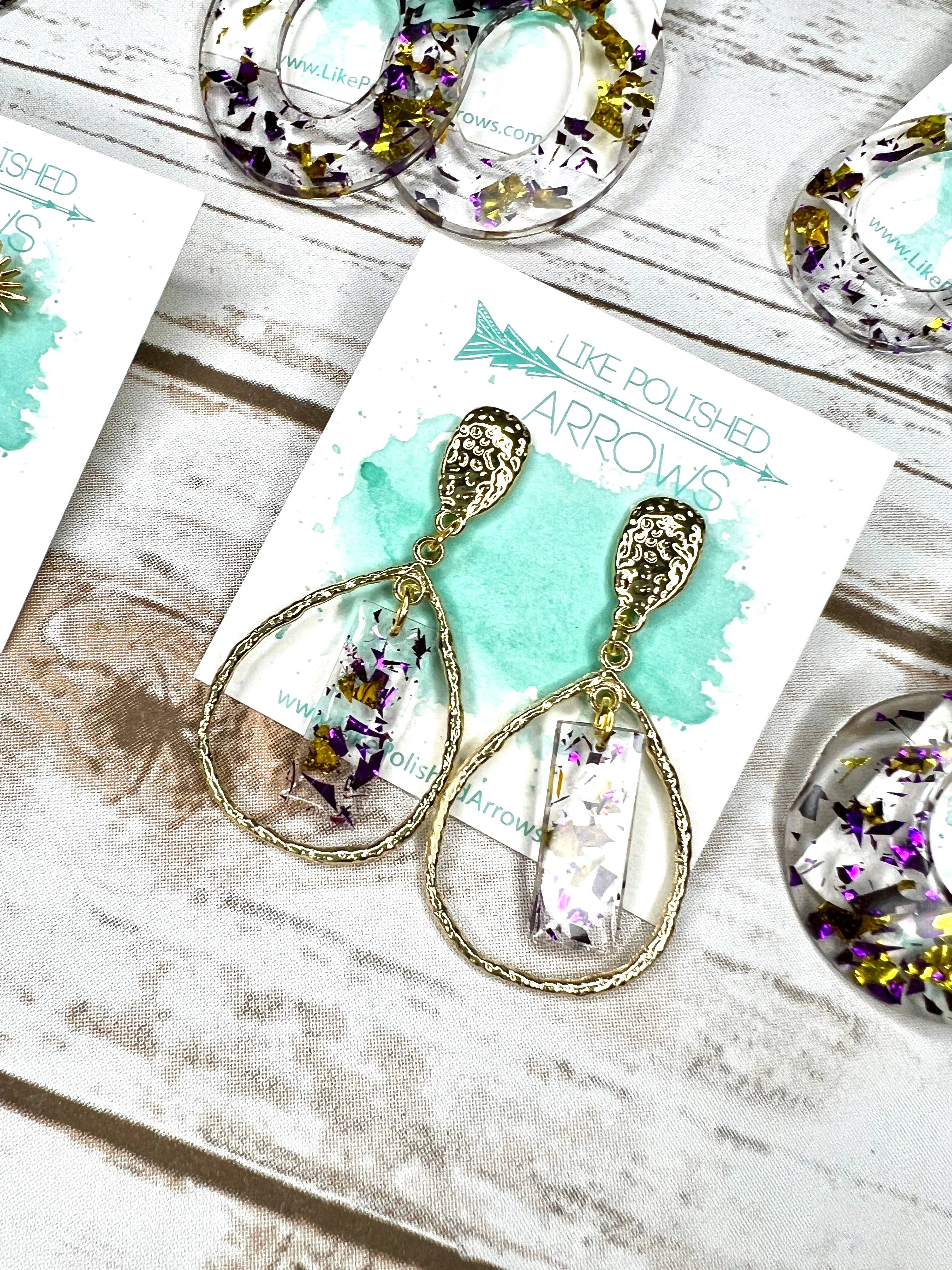 Like Polished Arrows, LLC - Wholesale Jewelry Set - Gameday Purple and Gold School Colors Resin Foil Earrings1