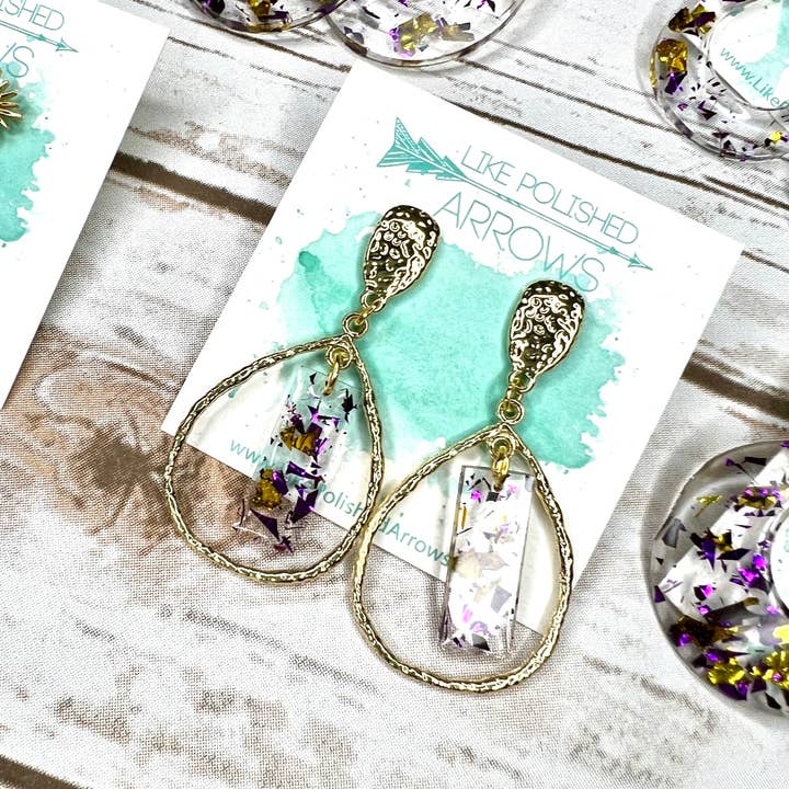 Like Polished Arrows, LLC - Wholesale Jewelry Set - Gameday Purple and Gold School Colors Resin Foil Earrings1
