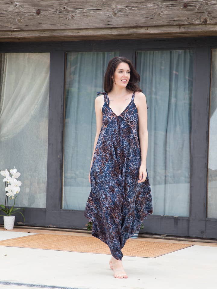 Montauk Navy Mosaic Kvinder Gypsy Jumpsuit med Pocket Option, Beach Cover Up, Dame Harem Jumpsuit for engroshandel hos Bali Prema