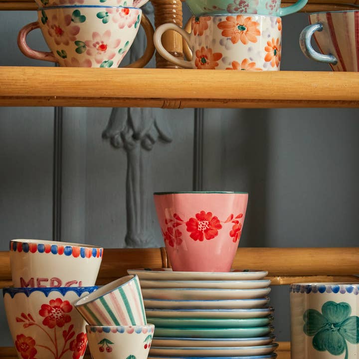 RicebyRice - Wholesale Drinking Glass/Cup - Ceramic Oval Cup with Hand Painted Orange Flower Vine - 10.1 oz2