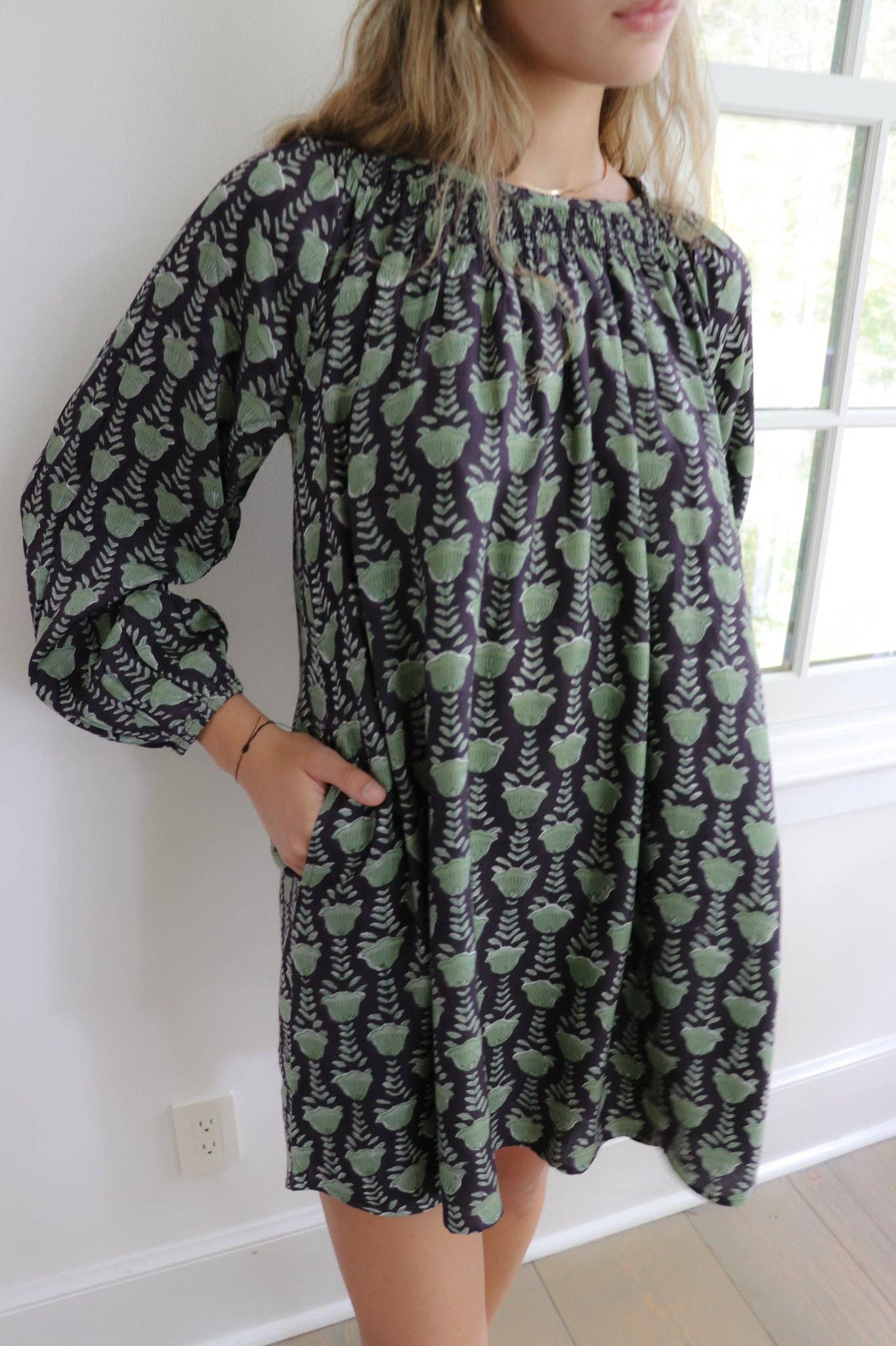 Daphne House Dress - Olive Tulip Print for wholesale on Faire1