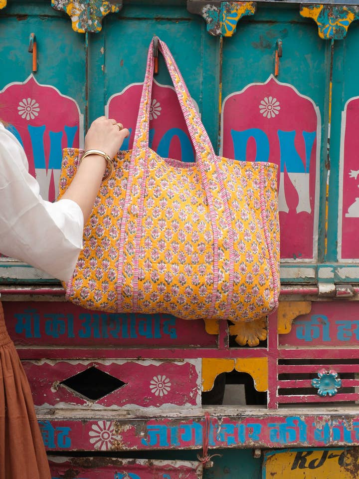 Saffron Floral Block Print Tote for wholesale by Cosy Buddha