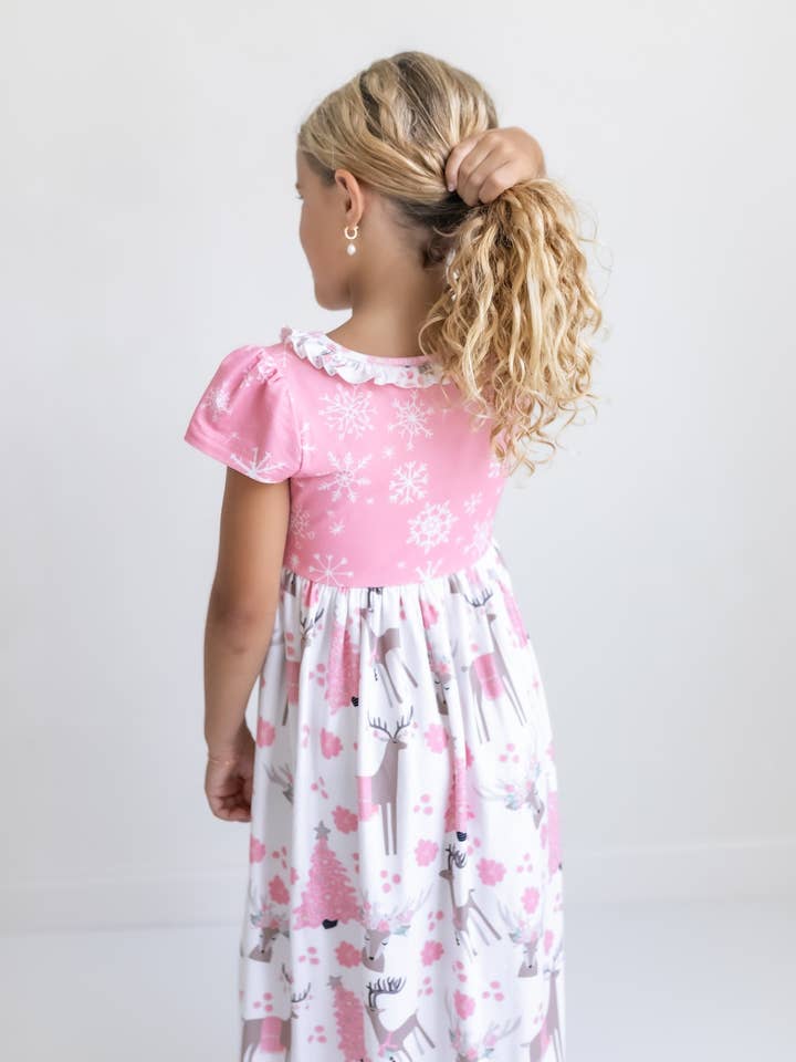 Oopsie Daisy - Wholesale Nightdress - Kids - Kids Pink Christmas Holiday Reindeer Ruffle Lounge Play Gown