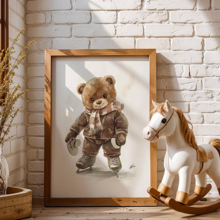 Arte da parete per bambini | Orsetto pattinatore | Neve per la vendita all'ingrosso da parte di Artsriver