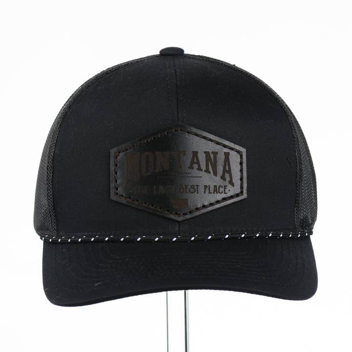 Montana The Last Best Place Premium Leather Hat - Black Trucker for wholesale by Last Best Supply Co