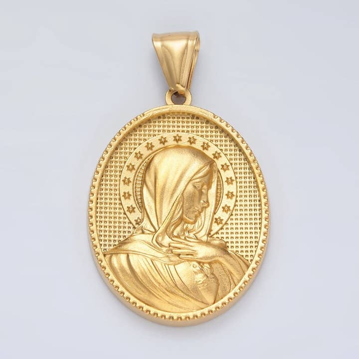 Stainless Steel Miraculous Lady Guadalupe Mary Stars Textured Oval Pendant | P1470 and other Purchase Wholesale guantes desechables. Free Returns & Net 60 Terms on Faire trending on Faire.