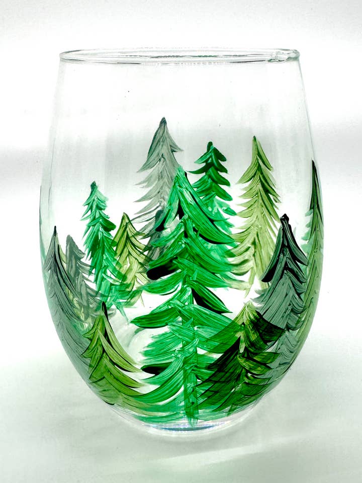 Winter Wine Glass | Stemless Hand Painted | Wine Glass Trees for wholesale by Heather Eck Artist LLC