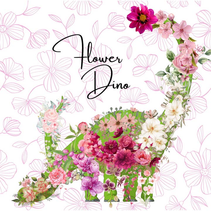 Carte postale de dinosaure avec des fleurs pour la vente par Piles of Postcards