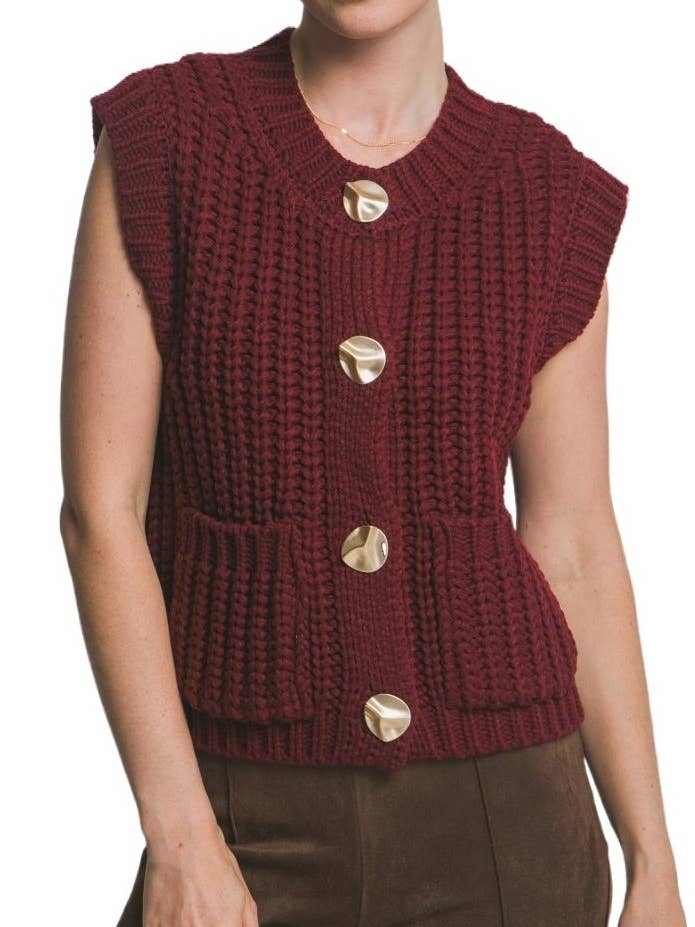 Knit Sweater Vest Gold Button Down for wholesale by Vanilla Monkey