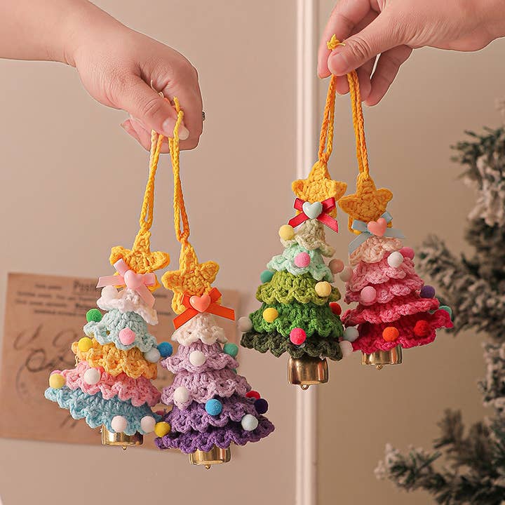 Colorful Crochet Christmas Tree Hanging Ornaments with Bells for wholesale by SoapElenGlen