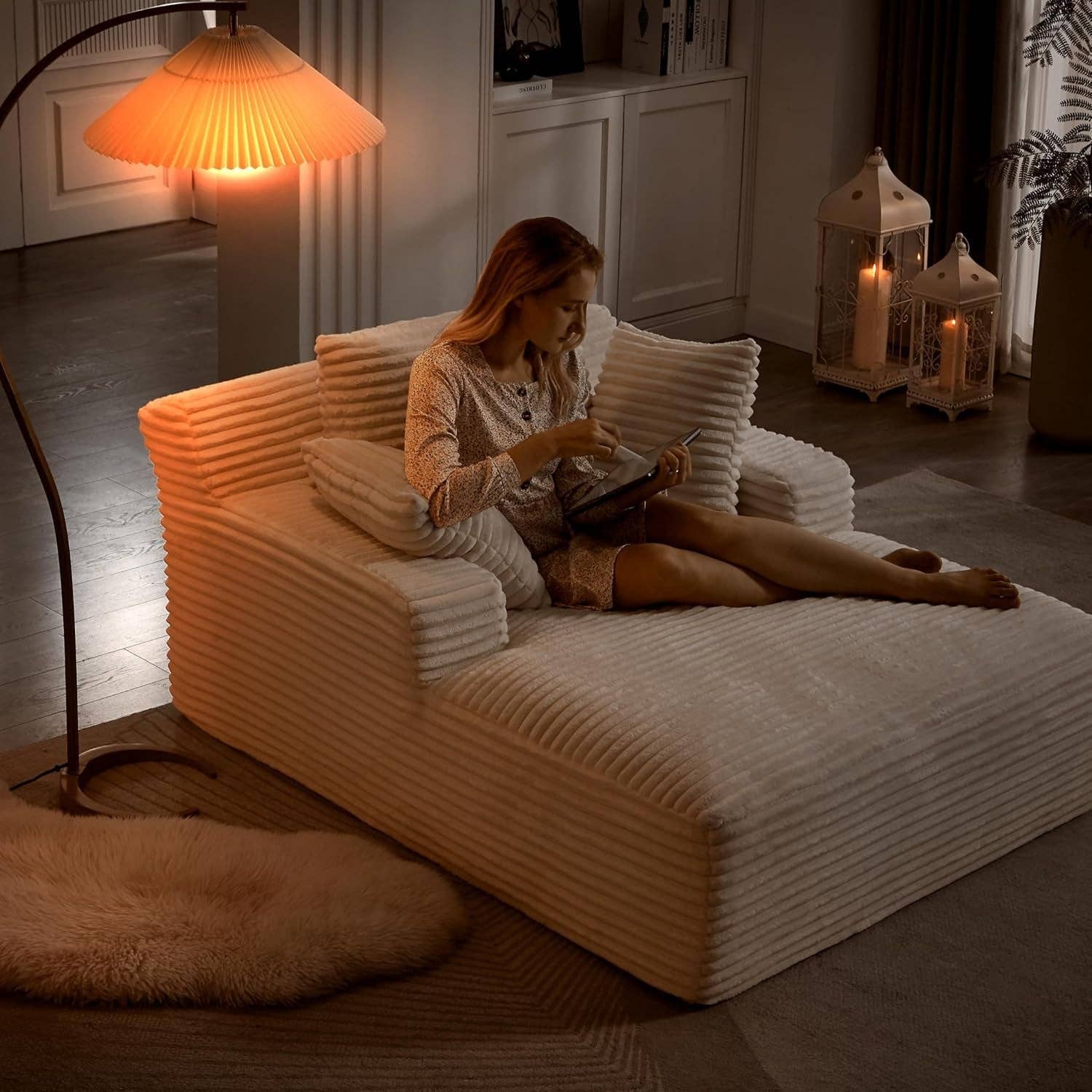 50-Inch Oversized Corduroy Chaise Lounge Chair in White with Pillows for wholesale on Faire5