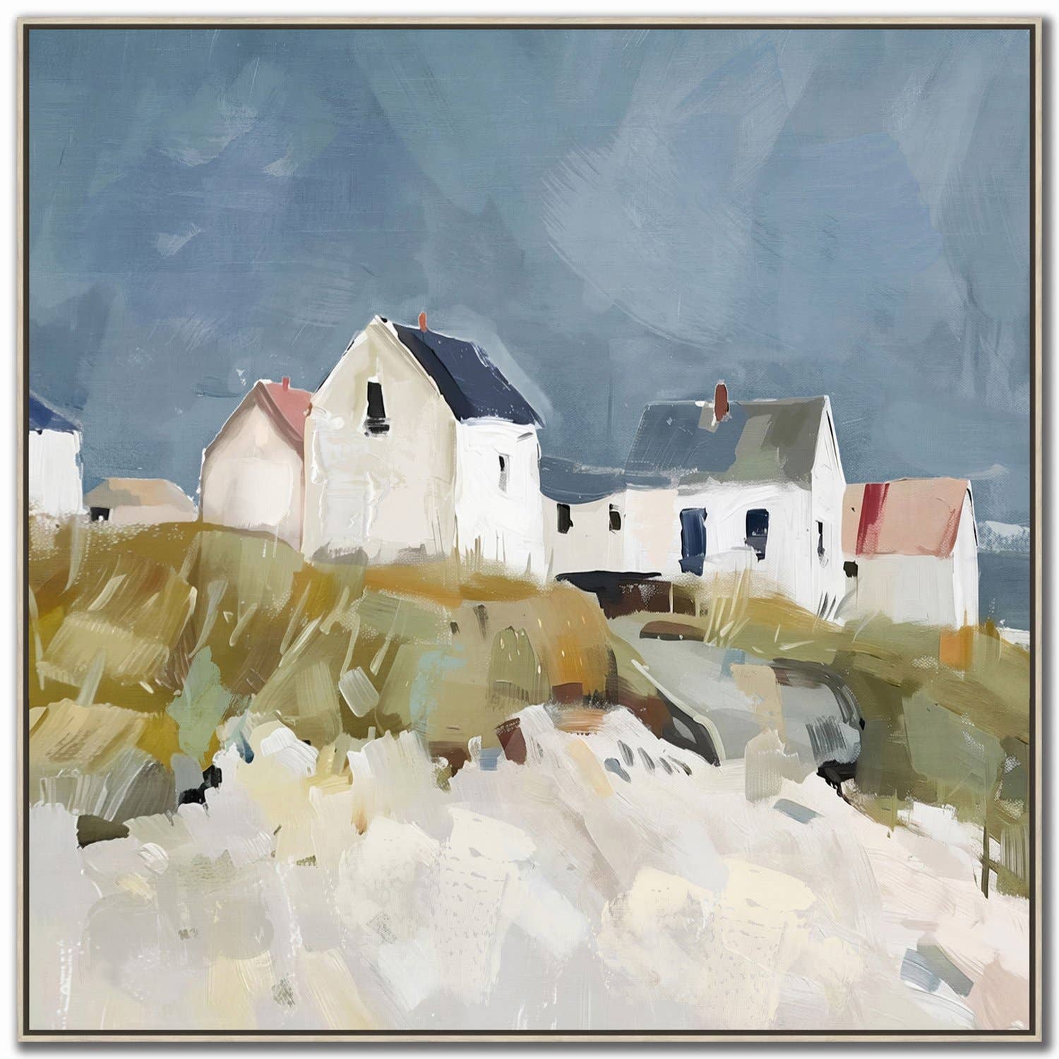 Blue White Green Seaside Cottages I Canvas Wall Art for wholesale on Faire0