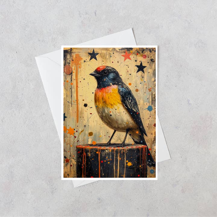Schwarzer und gelber Vogel unter den Sternen, Blankokarte 99AS für den Großhandel von Salty Alyce