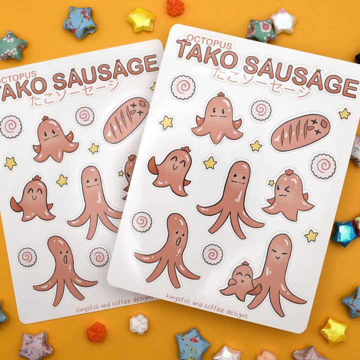 Octopus Hot Dog Food Sticker Sheet for Planners and Journals for wholesale by Kingsfoil and Coffee Designs