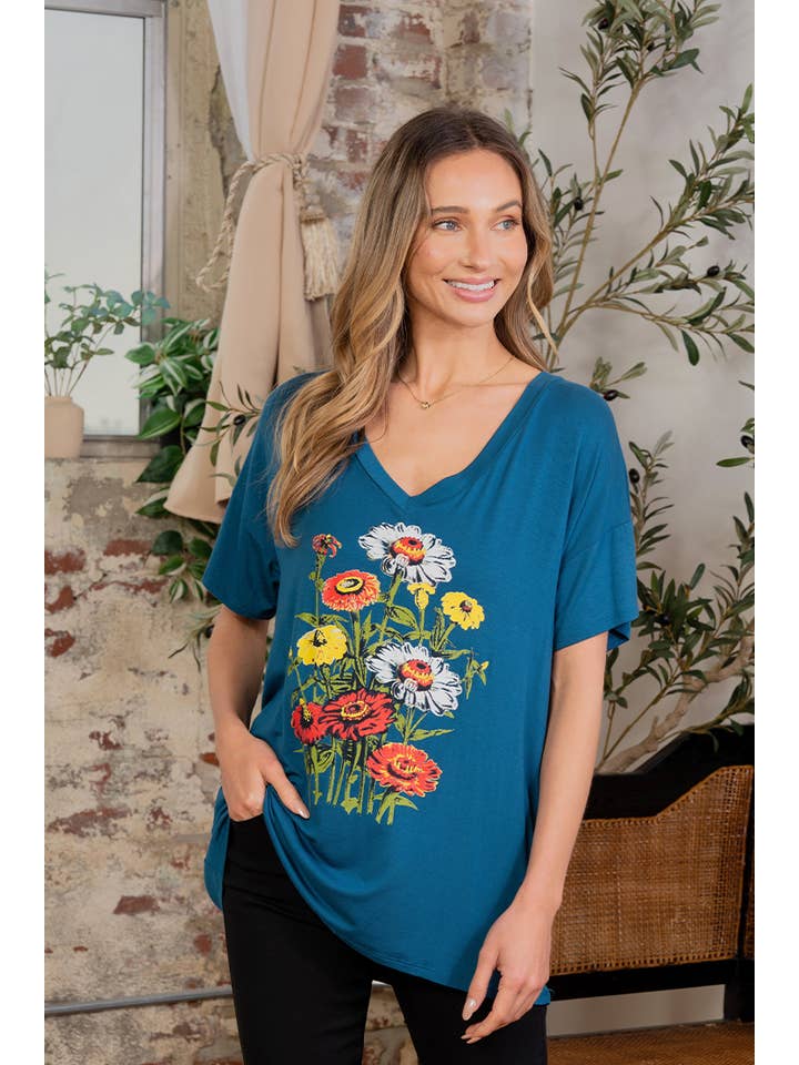 Teal Oversized V-neck Graphic Short Sleeve Top for wholesale on Faire