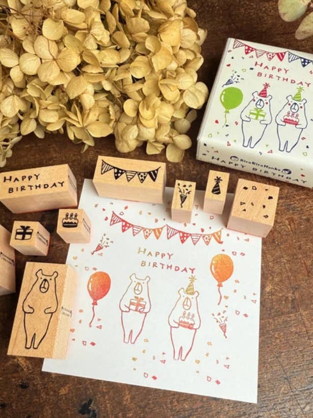 Japanese Birthday Rubber Stamp Set Cute Bear Birthday Stamps for wholesale by 「FUNJI」In Japan