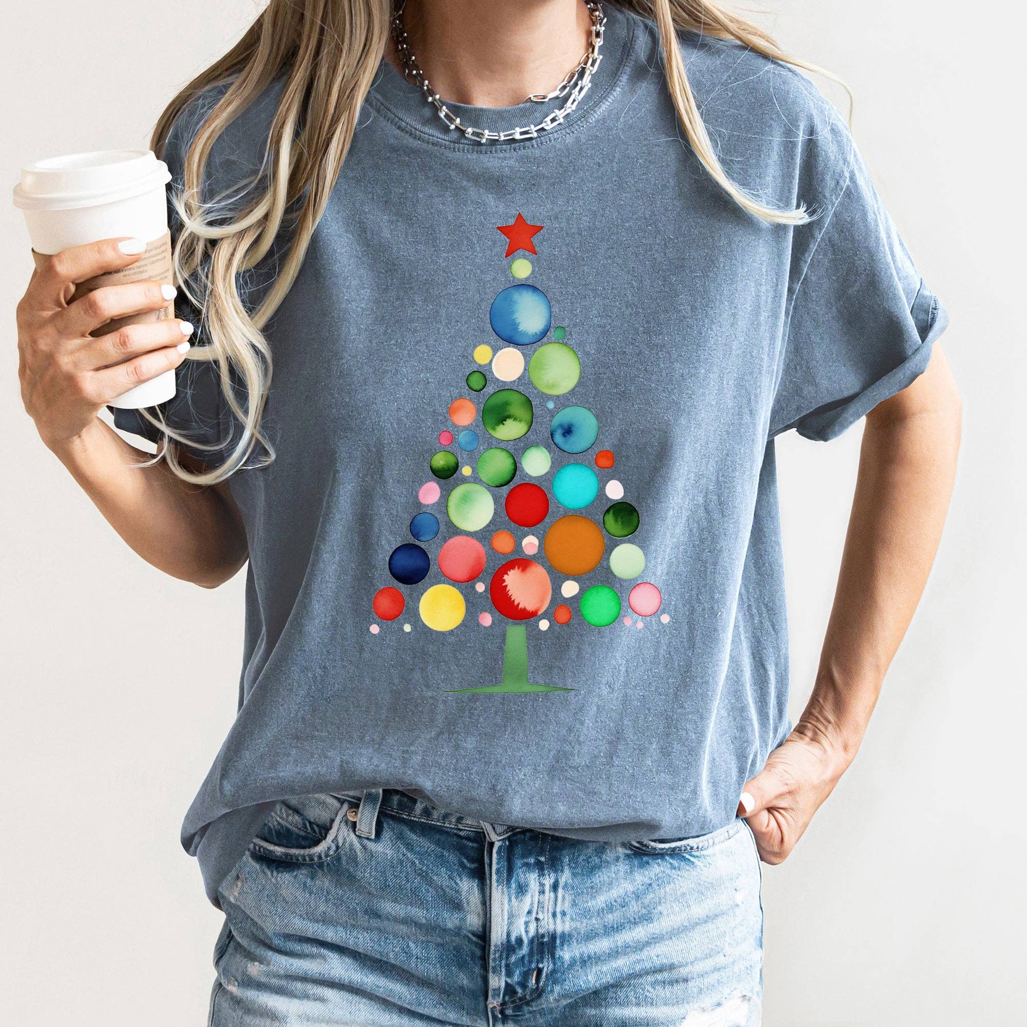 Refinery Number One LLC - Wholesale T-Shirt (Graphic) - Women's - Watercolor Decorations Christmas Tree, Retro, Vintage, Tee1