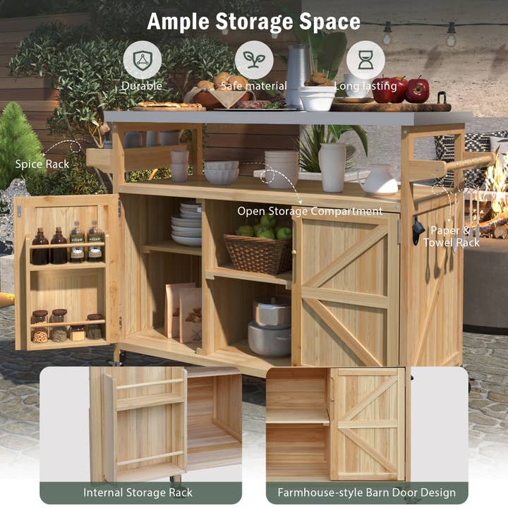 Orange County Decor - Wholesale Outdoor Grill Tools - K&K Outdoor Kitchen Island, Rolling Bar Cart & Storage Cabinet, Farmhouse Solid Wood Outdoor Grill Table With Stainless Steel Top, Spice Racktowel Rack For Kitchen & Bbqnatural Natural Garden &3