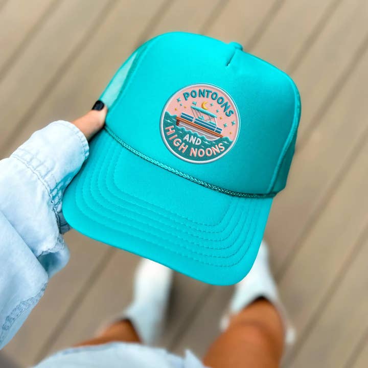 Pontoons and High Noons Trucker Hat – Lake Hair, Don’t Care Vibes – Funny Summer Snapback – Boat Day Essential – Bachelorette Party Hat for wholesale by Swain Co. Embroidery & Press