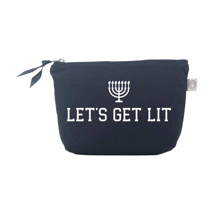 Navy Blue Makeup Bag - White Matte LET'S GET LIT (Menorah) for wholesale by Quilted Koala