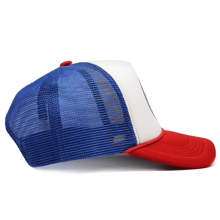 WHITE BLUE RED ROCK N ROLL TRUCKER HAT for wholesale on Faire2