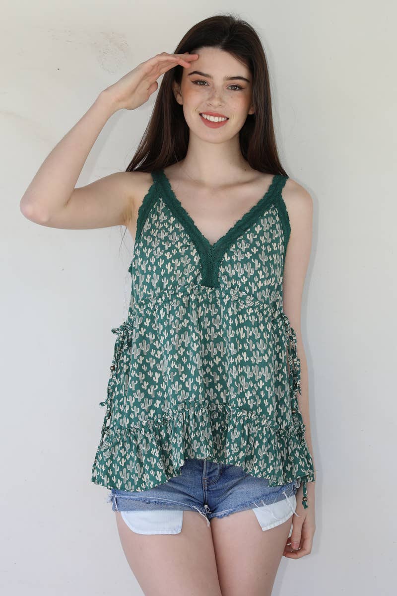 ANGIE - Vente Débardeur – femme - DÉBARDEUR B2BB1-W980 AVEC BORDURE EN DENTELLE À IMPRIMÉ CACTUS ET COL EN V ET LIENS LATÉRAUX2