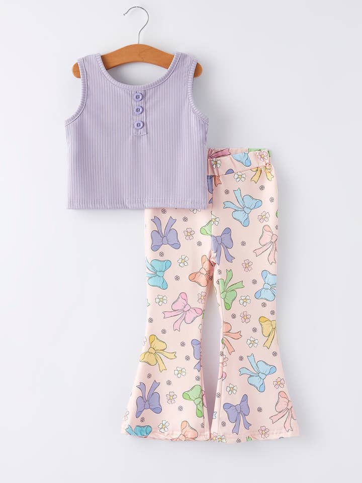 Paarse Meisjes Top Strik Bloemenprint Wijde Broek Set voor wholesale door Aspen Rain Boutique