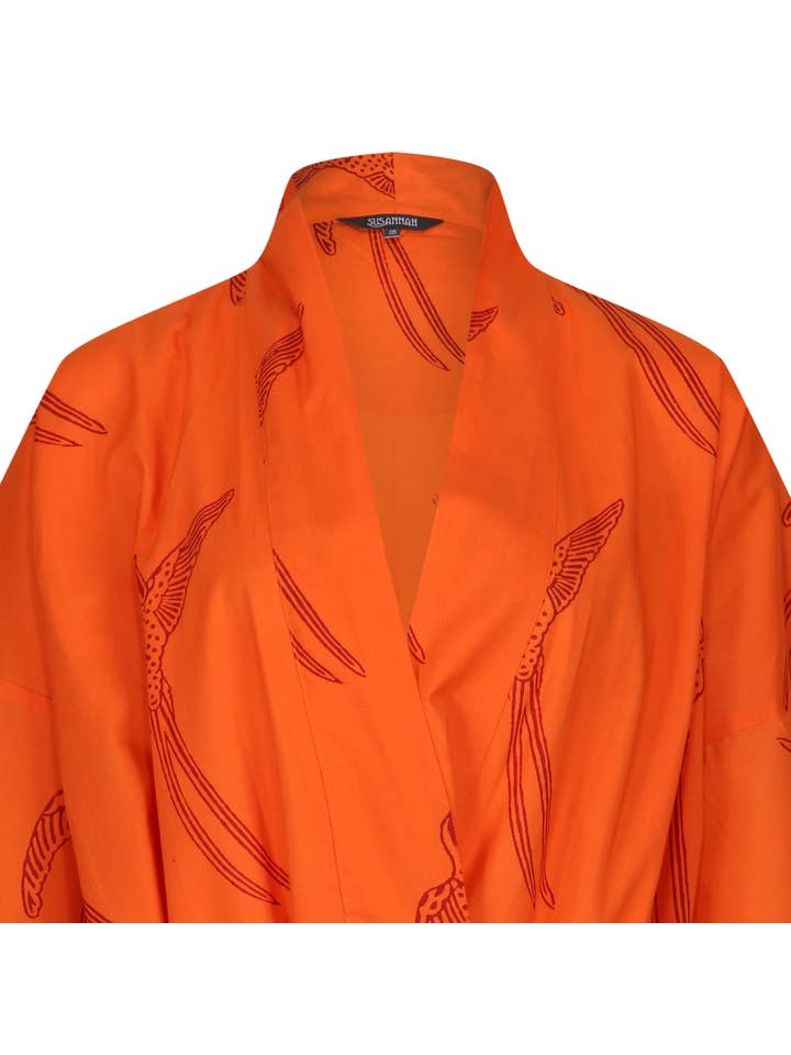 Susannah Cotton - Vente Peignoir – femme - Peignoir kimono en coton Susannah - Oiseau à longue queue rouge sur orange4
