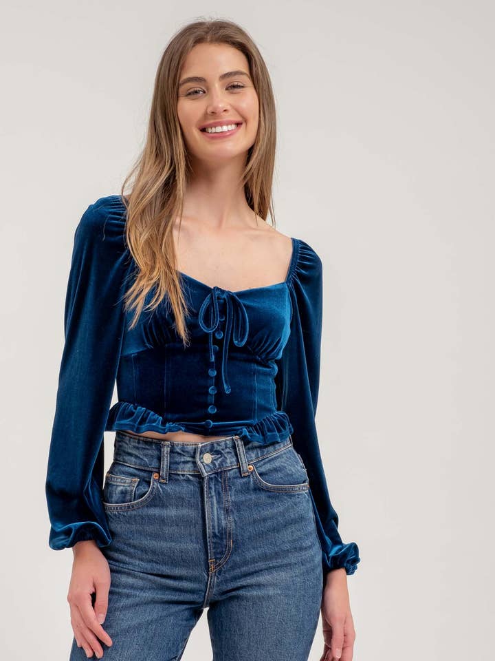 VELVET FRONT TIE BUTTON DOWN LONG SLEEVE CROP TOP for wholesale by Blu Pepper