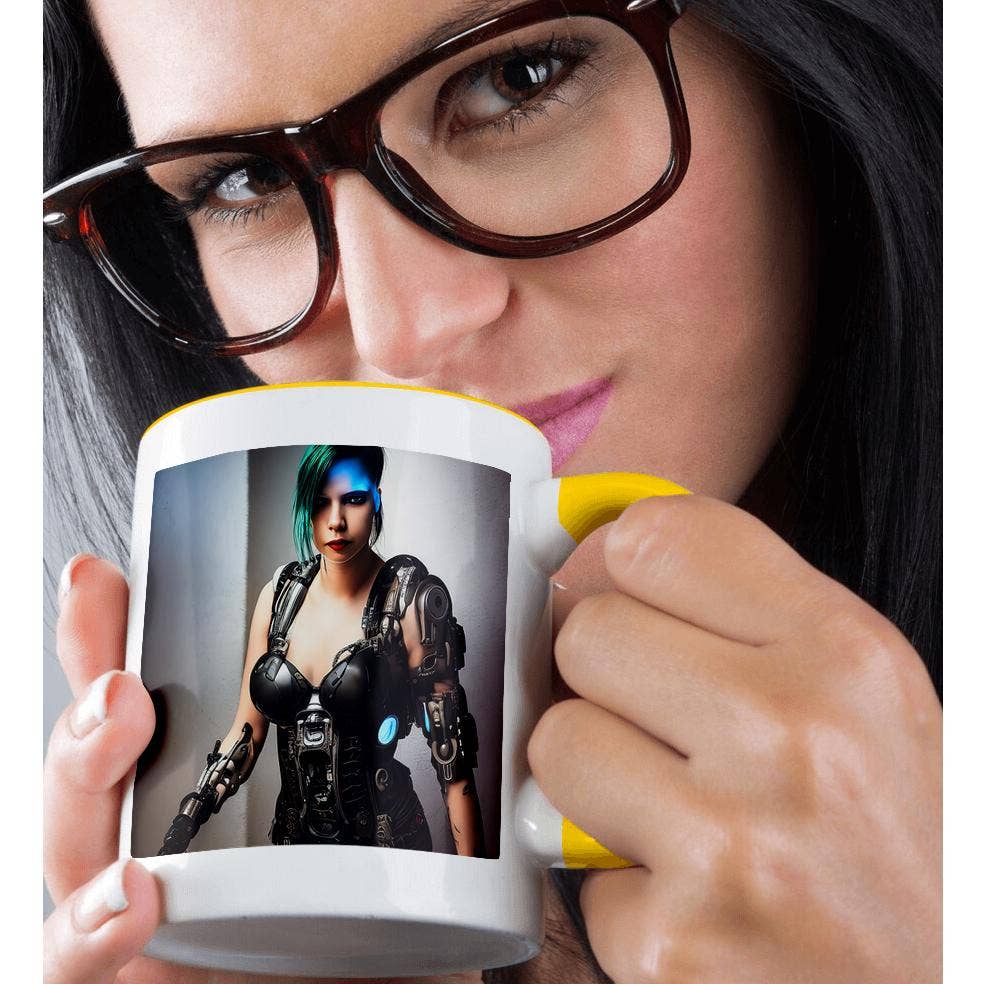 3dRose – Großhandel Kaffeebecher – 3dRose, Schöne Frau Cyberpunk-Cyborg. Ledersuit, blaue Beleuchtung, Tasse1