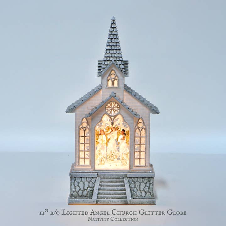 11" B/O Lighted Angel Church Glitter Globe for wholesale by IEGIFT