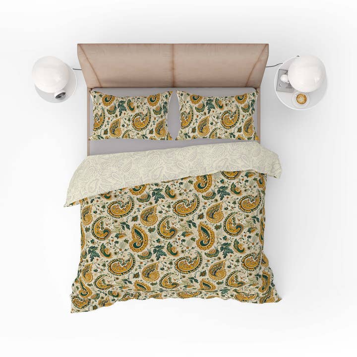 Vintage Yellow Green Floral Paisley Cotton Reversible Quilt Cover Set for wholesale by Adore India