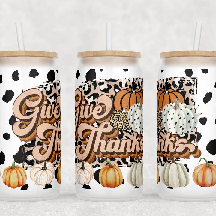 Give Thanks 16oz Libby Glass Tumbler for wholesale by Kate Haven Glass Tumblers for Every Occasion