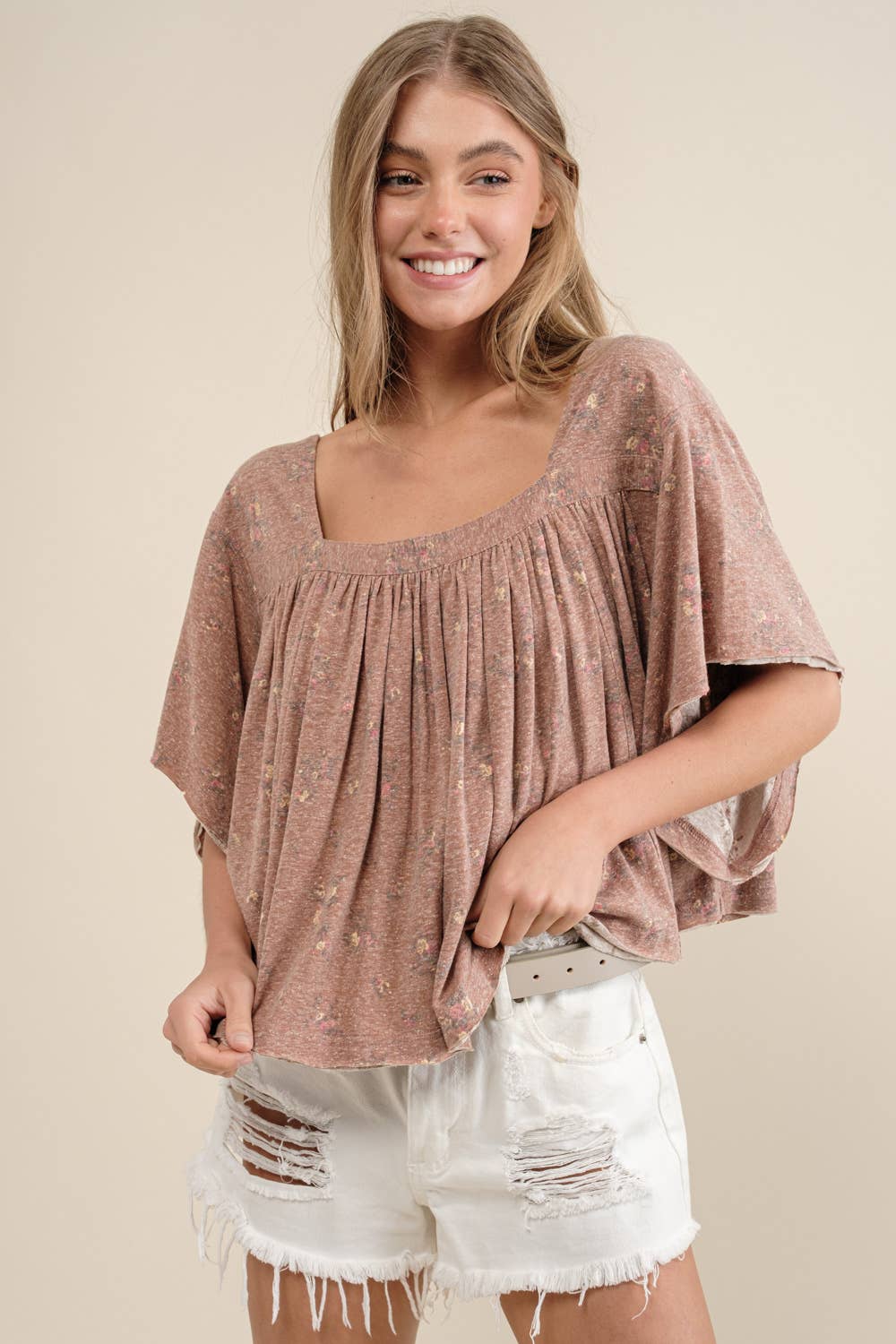 LIGHT OLIVE 22105T - Garment Washed Shirred Crop Jersey Knit Top for wholesale on Faire8