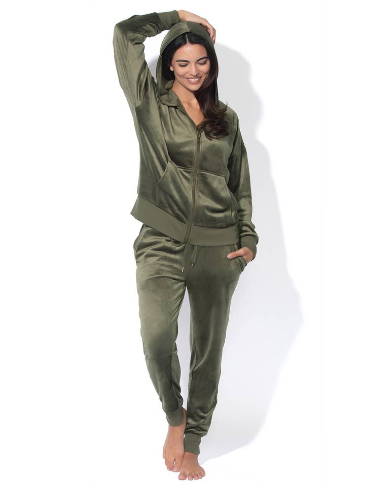 Luxe Velour Zip Hoodie and Jogger Set - Deep Olive for wholesale on Faire