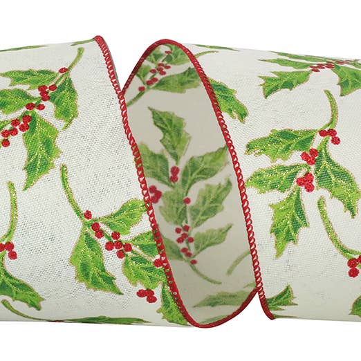 Glitter Holly Berry Exquisite Wired Edge, Green/red, 4 In for wholesale by RELIANT RIBBON