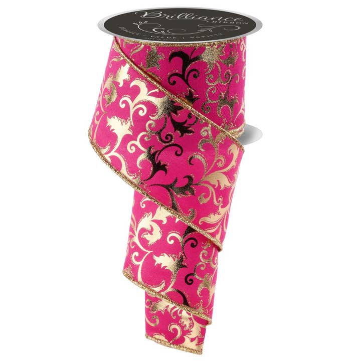 2.5 Inch Hot Pink & Gold Metallic Foil Swirl Leaf Ribbon LS301211 for wholesale by Trendy tree