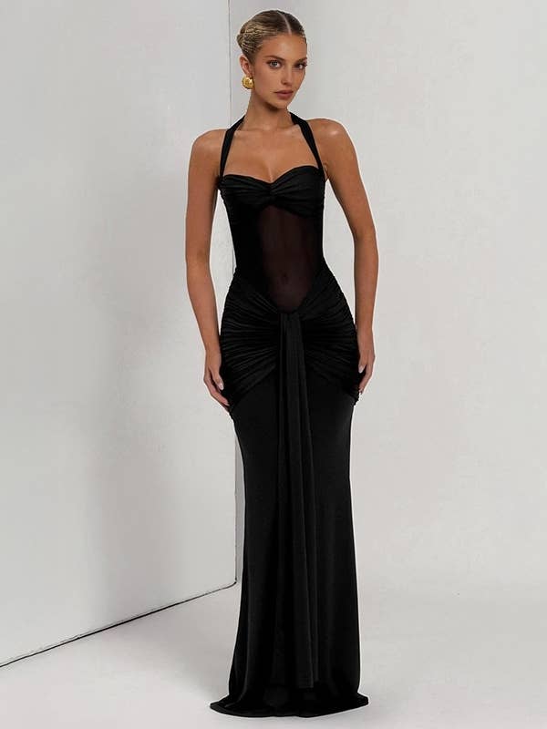 Heart Halter Neck Ruched Mesh Sheer Bodycon Maxi Dress(C) for wholesale by BELLISSIMA FASHION
